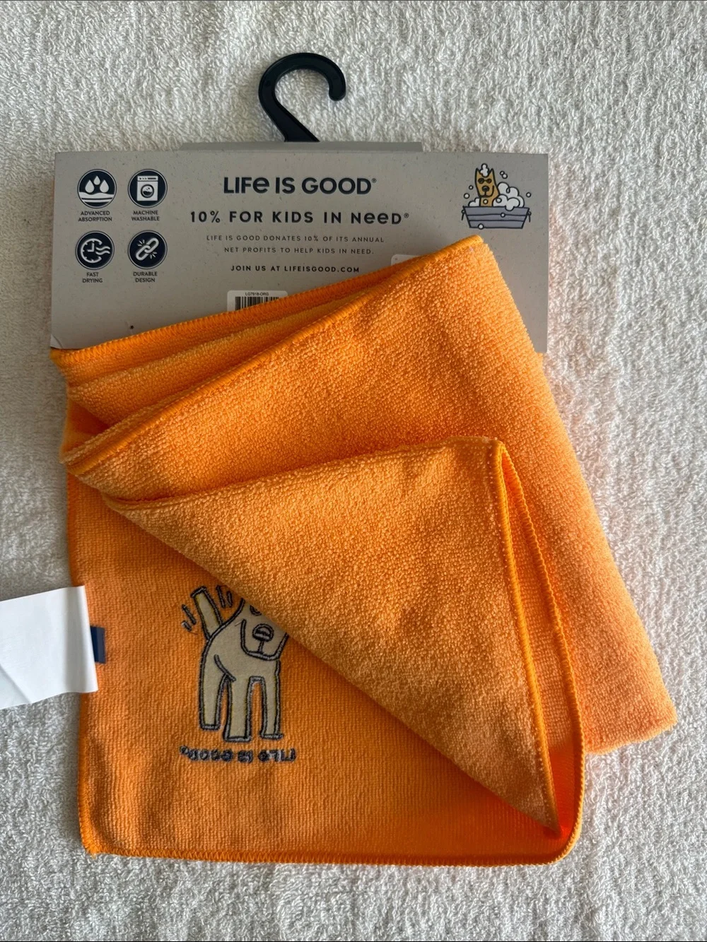 Life Is Good Orange Pet Drying Towel with Embroidered Dog